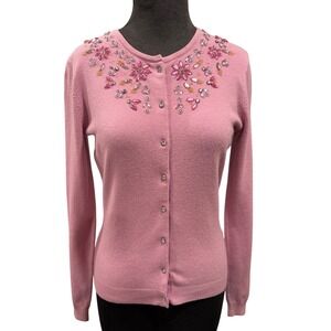 George Pink Beaded Floral Cardigan Sweater Angora Blend Small 4/6‎ Long Sleeve